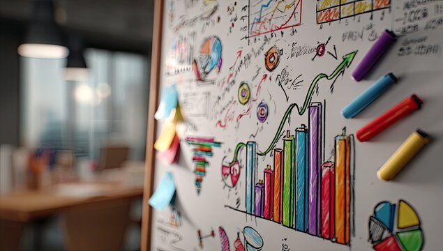 Business Strategy Whiteboard with Colorful Charts and Graphs.
