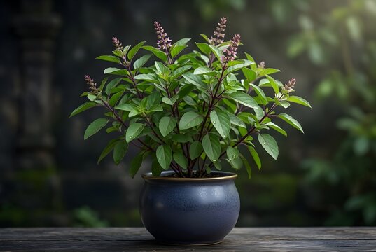 Holy Basil Tulsi Plant Displays Deep Purple Stems and Rich Green Leaves with Spiritual Elegance