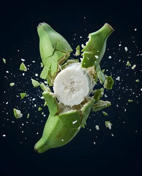 Matooke Cooking Banana Explosion Reveals Starchy Green Exterior and Dense White Core in Cross Section