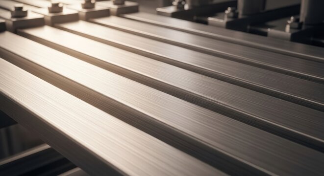 Metal Rail System Engineering Precision  Industrial Framework - Robust Parallel Bars with Fasteners Showing Metallic Texture Structural Integrity and Mechanical Design Excellence