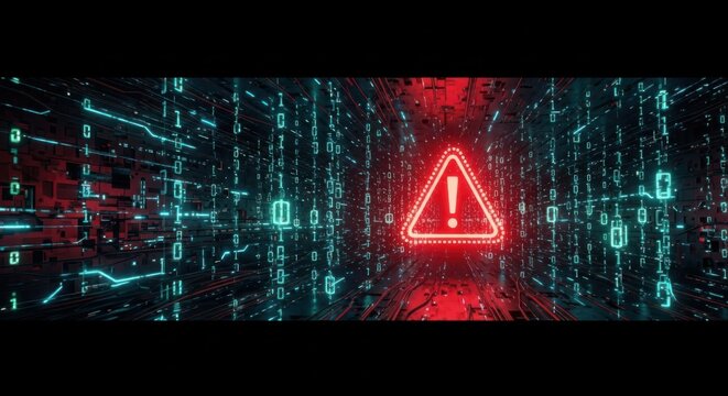 Cybersecurity Alert Visual Digital Data Stream with Warning Sign Future Tech Notification Security Breach Concept Potential Threat Intimation System Hacking Risk Visualization