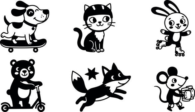 Black and white cartoon dog on skateboard cat rabbit roller skating bear on scooter fox running mouse holding camera