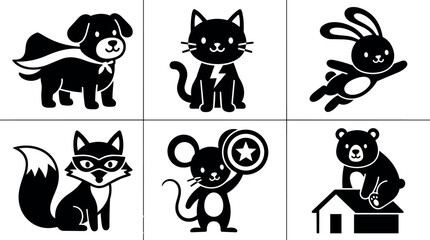Fototapeta premium Black and white superhero dog cat rabbit fox mouse and bear vector icons