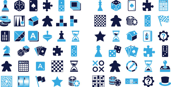 Collection of board game pieces, dice, cards, and game elements.