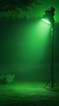 Spotlight shines on grassy field at night