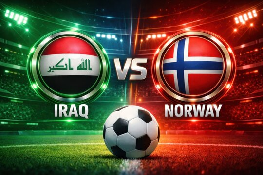 Iraq vs Norway soccer match stadium graphic with ball