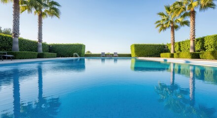 Fototapeta premium Tropical Oasis Retreat Serene Swimming Pool Experience with Azure Water Reflections and Palm Trees Framing a Peaceful Vista under Bright Skies for Leisure Seekers