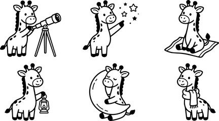 Obraz premium Cute black and white giraffe exploring stars and moon with telescope lantern and scarf vector art