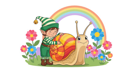 A cute cartoon elf happily hugs a friendly snail in a whimsical garden with a rainbow. © Tukang