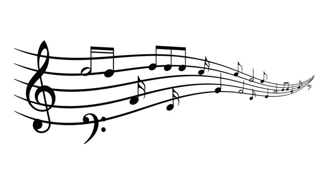 Musical notes flowing on a staff with clefs