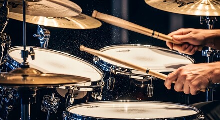 Fototapeta premium close-up drum set with sticks in motion, dynamic action, high speed photography