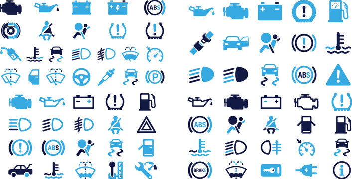 Car dashboard warning lights icons set in blue and navy on white background.