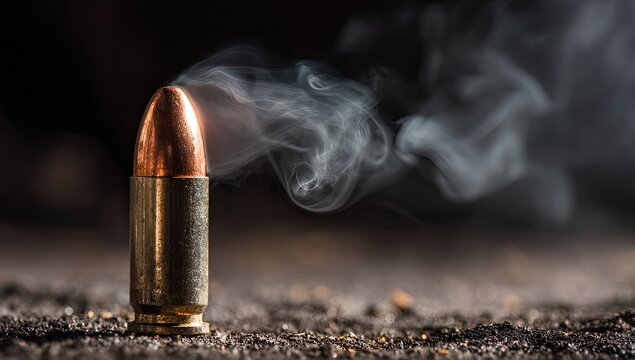 A single spent bullet casing with smoke rising from the top.