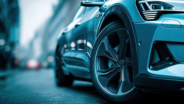 Sleek Modern Electric Car Wheel and Bodywork Close-up on City Street.