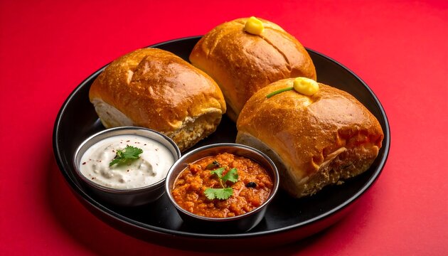 Indian street food plate with sandwiches and sauces on a red table