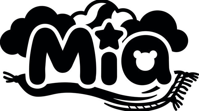 Black and white mia text with star cloud and yarn ball vector art