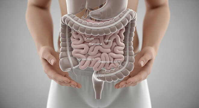Anatomical diagram of the human digestive system with labeled sections
