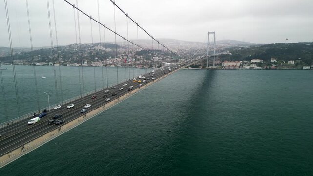Istanbul/Turkey circa 2023: 15th of July Martyrs Bridge forward flight