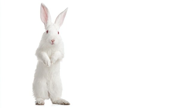 A standing rabbit with bright red eyes and pure white fur, isolated on a white background