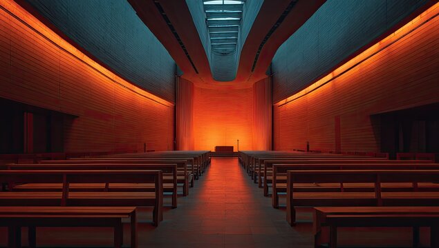 Modern Church Interior with Dramatic Orange Lighting and Rows of Pews.