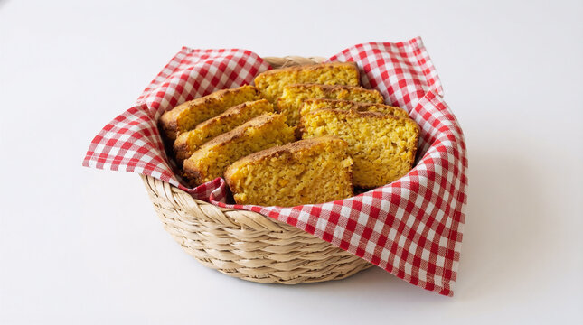 A basket lined with red and white checkered fabric containing slices of cornbread typical of a June festival.