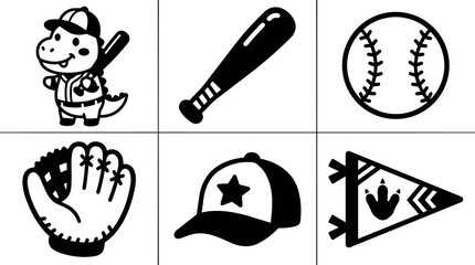Obraz premium Black and white dinosaur baseball player with bat glove ball hat and pennant vector art