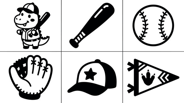 Black and white dinosaur baseball player with bat glove ball hat and pennant vector art