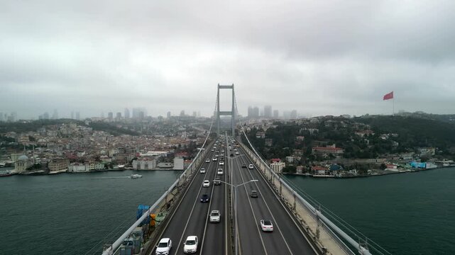 Istanbul/Turkey circa 2023: 15th of July Martyrs Bridge traffic shot