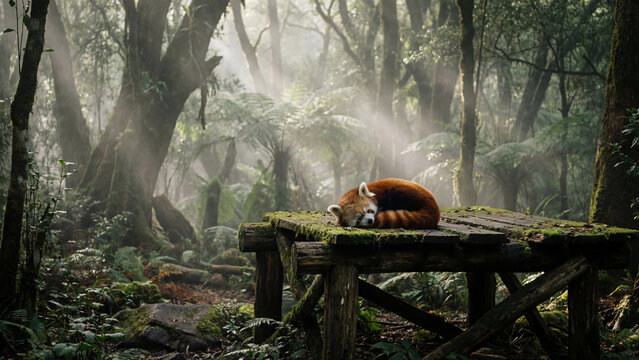 Red panda resting on wooden table in misty forest wildlife scene calm