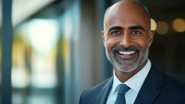 Young businessman with a beard and glasses looking towards camera with a smile.