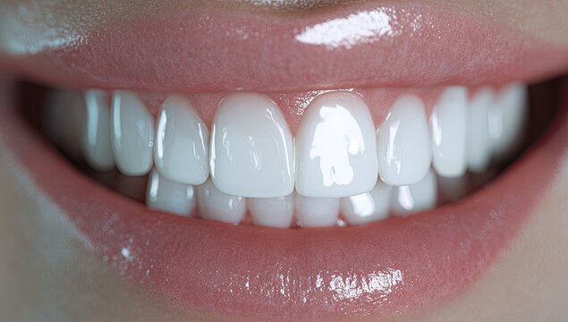 Close up of a healthy, white smile with glossy lips.