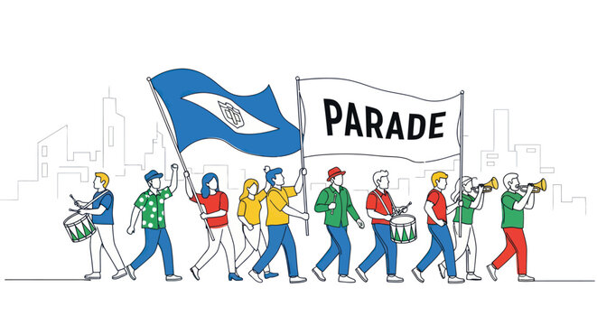 People marching in colorful parade.