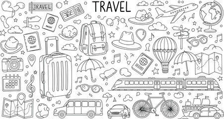 Obraz premium Travel doodle illustration with suitcase transport tickets maps airplane tourism elements hand drawn vector design collection