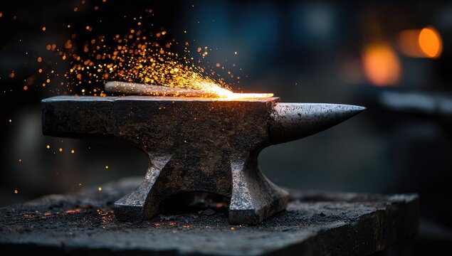 Blacksmith Forging Metal on Anvil with Sparks Flying.