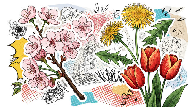 Spring floral collage featuring cherry blossoms tulips and dandelions