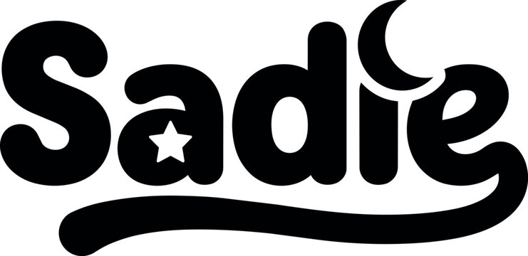 Black and white sadie script lettering with star and crescent moon accents