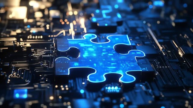 Abstract digital puzzle piece overlayed on a circuit board background