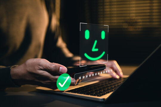 Secure Login and Password Verification Concept. Person using smartphone and laptop with password field, verified access icon and face ID representing secure sign in, identity check, account protection