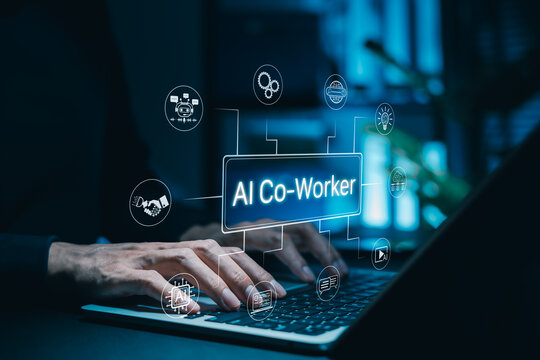 AI Co-Worker Concept. A person using laptop with virtual AI, chatbot, intelligent workflow, and automation icons. human-AI collaboration, smart teamwork, digital assistance, connected productivity,