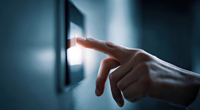 Close-up of a Finger Pressing a Light Switch in a Dark Room.
