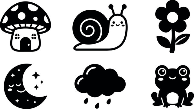 Cute black and white mushroom house snail flower moon cloud rain frog icons