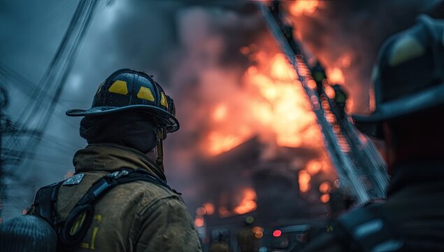Firefighter bravely confronts raging inferno during intense rescue operation.