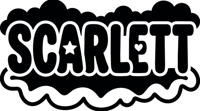 Black and white hand lettering scarlett with star and heart accents
