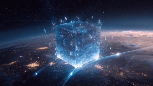 Mysterious Glowing Cube Hovering Above Earth at Night.