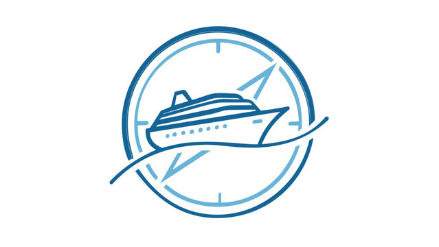 Blue line art vector illustration of a cruise ship sailing on a wave inside a compass dial, perfect for travel agency logos, maritime transport icons, and nautical vacation themes.