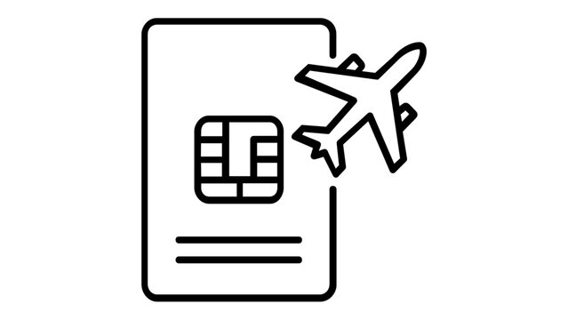 Minimalist Passport and Airplane Vector Icon Illustration for Travel, Tourism, and International Flight Concepts, Featuring a Biometric Document with Chip and Plane Symbol in Line Art Style.