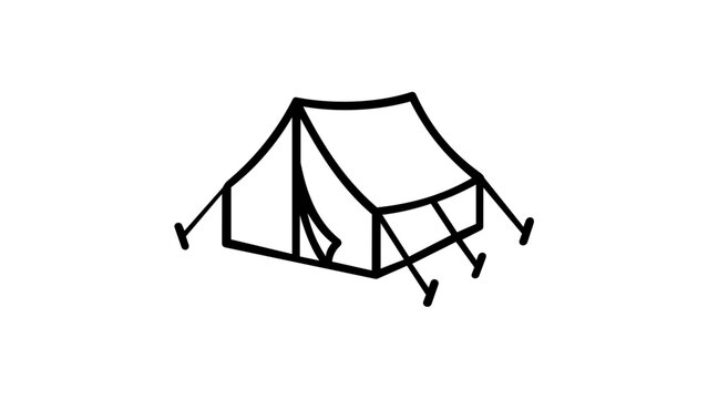 Minimalist camping tent vector icon illustration for outdoor adventure, travel, and hiking. Simple black line art design of a portable shelter for camping trips and nature exploration.