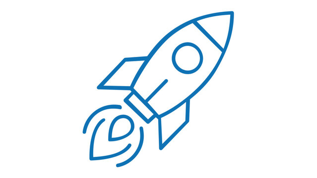 Blue line art vector icon illustration of a rocket ship launching into space, symbolizing startup growth, business success, innovation, exploration, and fast transport technology on white.
