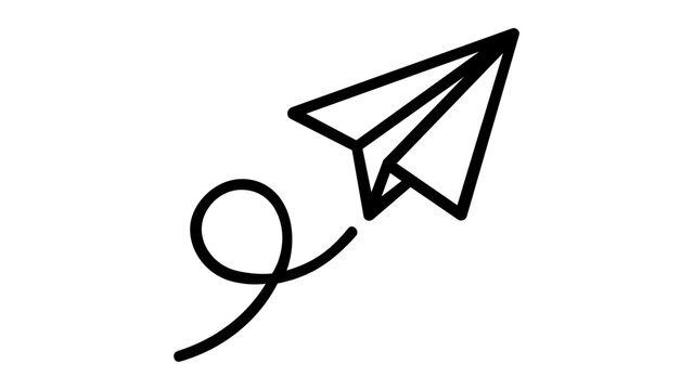 Minimalist black line art vector illustration of a paper airplane flying with a loopy trail, symbolizing travel, communication, message delivery, and startup launch on a white background.