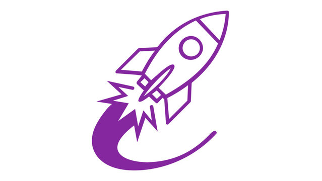 Purple rocket ship launch vector icon illustration. Minimalist flat design of a spacecraft taking off with exhaust trail. Scalable AI-generated graphic for startup, business growth, and space travel.